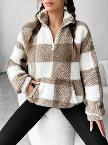 SHEIN 青少年女孩抓絨秋季休閒極簡風拉鍊連帽衫，落肩設計，秋冬保暖舒適日常穿搭長袖上衣 - 卡其色 - 查看 1