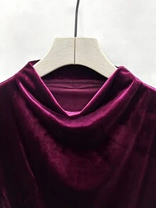 SHEIN تي شيرت نسائي بياقة عالية للخريف، مناسب للربيع والخريف، تصميم سحب علوي، متعدد الاستخدامات للطبقات والملابس الخارجية - الأرجواني - مشاهدة 3