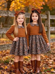 SHEIN Vintaside Kids Girls Elegant Rose Jacquard Knit Patchwork Floral Digital Print Ruffle Collar 2 In 1 Dress, Autumn - Coffee - View 11
