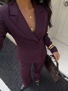 SHEIN Glamour Setelan Blazer dan Celana Panjang Lengan Panjang Kancing Elegan untuk Wanita - Coklat - View 6