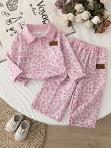 女嬰豹紋 Polo 寬腿褲 2 件套，米色鬆緊腰帶，適合郊區出遊、購物及其他場合，春秋冬季穿著 - 粉色 - 查看 6