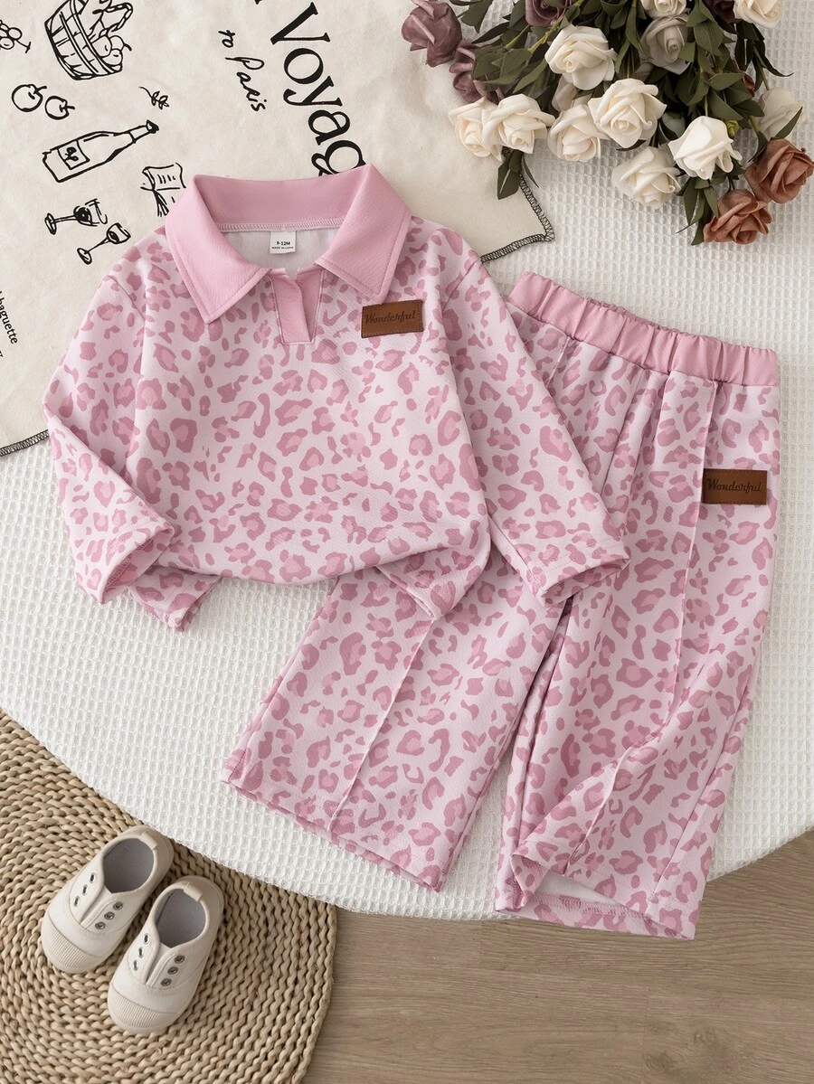 Baby Girls Leopard Polo Wide Leg Pants 2 Pcs Set,Beige Elastic Waistband.Suburban Outings, Shopping, Other Occasions, Spring /Autumn/Winter - Pink - View 1
