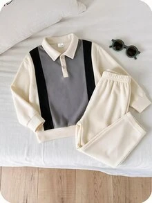 SHEIN 小男孩配色拼接休閒衛衣與秋季長褲套裝 - 彩色 - 查看 4