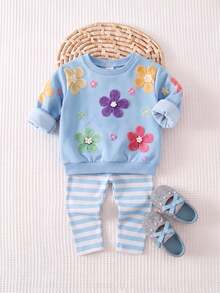 SHEIN Baby Girls 3D Flower Autumn Sweatshirt & Striped Leggings Outfit Set - Baby Blue - View 4