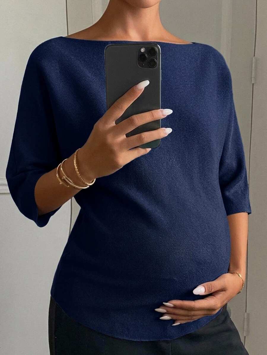 Dazy Maternity Loose Solid Color Casual Short Sleeve Daily Wear Early Autumn Maternity Sweater - Royal Blue - View 1