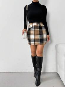 EMERY ROSE Plus Size Women's Autumn/Winter Fashion Casual Daily All-Match Versatile Khaki Large Grid Mini Skirt Fall - Multicolor - View 4