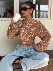 Muchica Plus Size Women's Animal Print Round Neck Batwing Long Sleeve Ruched Waist T-Shirt - Multicolor - View 4