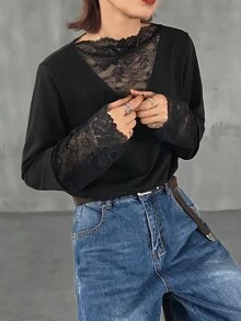 FRIFUL Kaos Kasual Wanita Motif Renda untuk Pemakaian Sehari-hari - Hitam - View 7