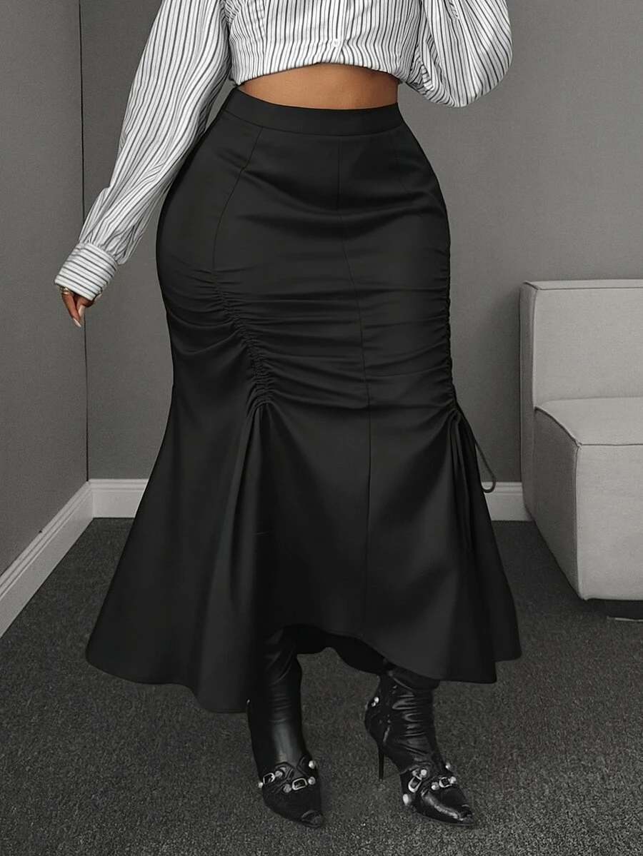 Maweii Rok Ukuran Besar Hitam Elegan dengan Detail Kerut dan Ikat Pinggang, Serbaguna - Hitam - View 1
