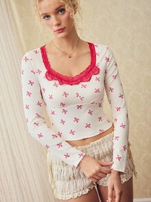 Elorette Women's Contrast Lace Bow Print Long Sleeve Pajama Top - Red and White - View 3
