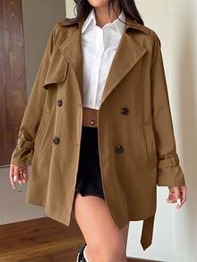 SHEIN EZwear 女款新款秋季素色休閒長袖卡其色經典風衣 - 卡其色 - 查看 3
