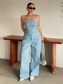 Dazy Plus Plus Size Sequin Tube Top And Pocket Long Pants Denim Set, Fashion Party - Teal Blue - View 5