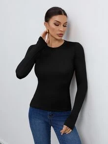 SHEIN Tall 女款三件組圓領休閒修身長袖T恤套裝 春秋冬 高身長 開學季 黑色 灰色 白色 - 彩色 - 查看 5