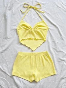 Soleia 女款黑色兩件套，夏季性感波希米亞熱帶風細肩帶背心與短褲，婚禮賓客穿搭，無胸墊 - 淡黃色 - 查看 2