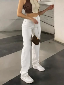 Rivivi 女款休閒日常直筒牛仔褲，附口袋與鈕扣設計 - 白色 - 查看 4