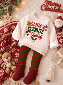 Santa's Favorite Obviously 幼女聖誕搖粒絨運動衫與刷毛布料精靈圖案內搭褲套裝，節日派對禮物，舒適氛圍 - 彩色 - 查看 5