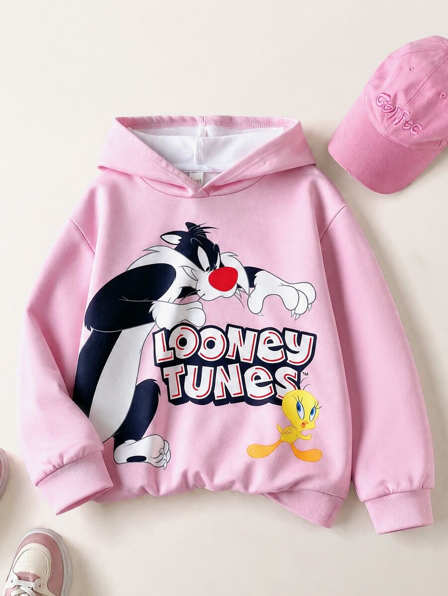 LOONEY TUNES X SHEIN Tween Girl Pink Versatile Cartoon Pattern Sweatshirt - Pink - View 1