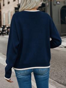 SHEIN Autumn/Winter Casual Colorblock Trim Sweater - Navy Blue - View 2