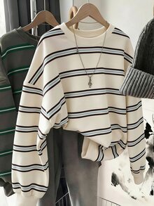 SHEIN LUNE Women's Striped Crew Neck Drop Shoulder Long Sleeve Casual Loose Sweatshirt - White - View 8