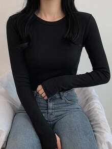 DAZY 女款純色長袖修身底層打底T恤 - 黑色 - 查看 2