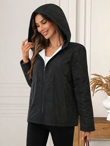 EMERY ROSE Women's Zipper Long Sleeve Hooded Winter Padded Coat - Black - View 7