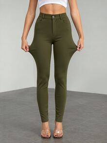 SHEIN Tall 休閒百搭純色修身長褲，適合高個女性 - 軍綠色 - 查看 6