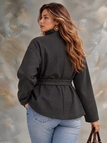 Ceyna Plus Size Autumn/Winter High Stand Collar Asymmetrical Hem Waist-Cinching Tie-Front Drop Shoulder Long Sleeve Casual Commute Multi-Occasion Short Overcoat - Grey - View 2
