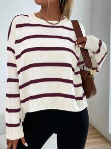 Sprig & Strand Women Striped Round Neck Dropped Shoulder Long Sleeve Casual Pullover Sweater, Autumn/Winter Knit Pullover Fall - Red and White - View 3