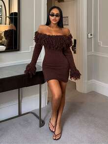 SHEIN SXY Women's Solid Color Tassel Design Off-Shoulder Long Sleeve Fashion Knit Dress - Coffee Brown - View 6