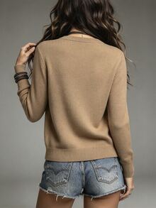 SHEIN Women's Round Neck Casual Daily Cardigan - Camel - View 2