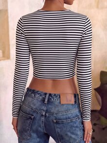 Rovax Women's Lace Patchwork Striped Slim Fit Versatile Sports T-Shirt - Multicolor - View 2