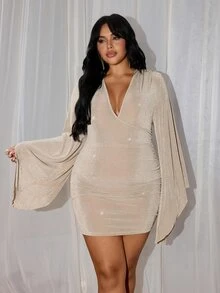 Rustia Plus Size Pure Desire Party V-Neck Criss-Cross Trumpet Sleeve Bodycon Dress Fall - Champagne - View 1