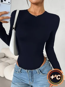 SHEIN PETITE 女款純色修身百搭日常穿著長袖連身衣，黑色，秋季極簡簡約百搭，小碼 - 藏蓝色 - 查看 9