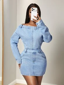 BamGleam Women's Off-Shoulder Cinched Waist Denim Dress - Blue - View 7