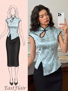EastFlair Women's Jacquard Cheongsam Collar Side Slit Hem Elegant Blouse - Blue - View 2
