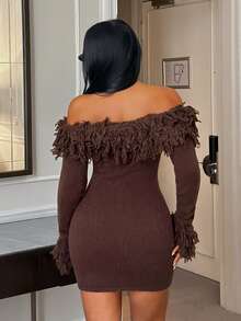 SHEIN SXY Women's Solid Color Tassel Design Off-Shoulder Long Sleeve Fashion Knit Dress - Coffee Brown - View 2