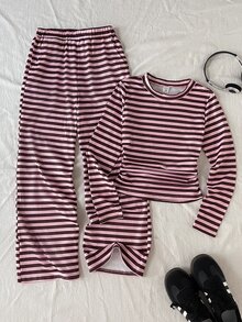 青少年女孩 T-Shirt - 青少年女孩針織長袖 T-Shirt 白色棕色圓點長褲休閒可愛 2 件套校園秋季 - 咖啡棕 - 查看 2