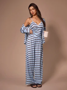 Lazeform Women's 3 Pieces Pajama Set With Lapel Long Sleeve Cardigan Jacket, Blue And Brown Striped Textured Knit - Blue - View 1