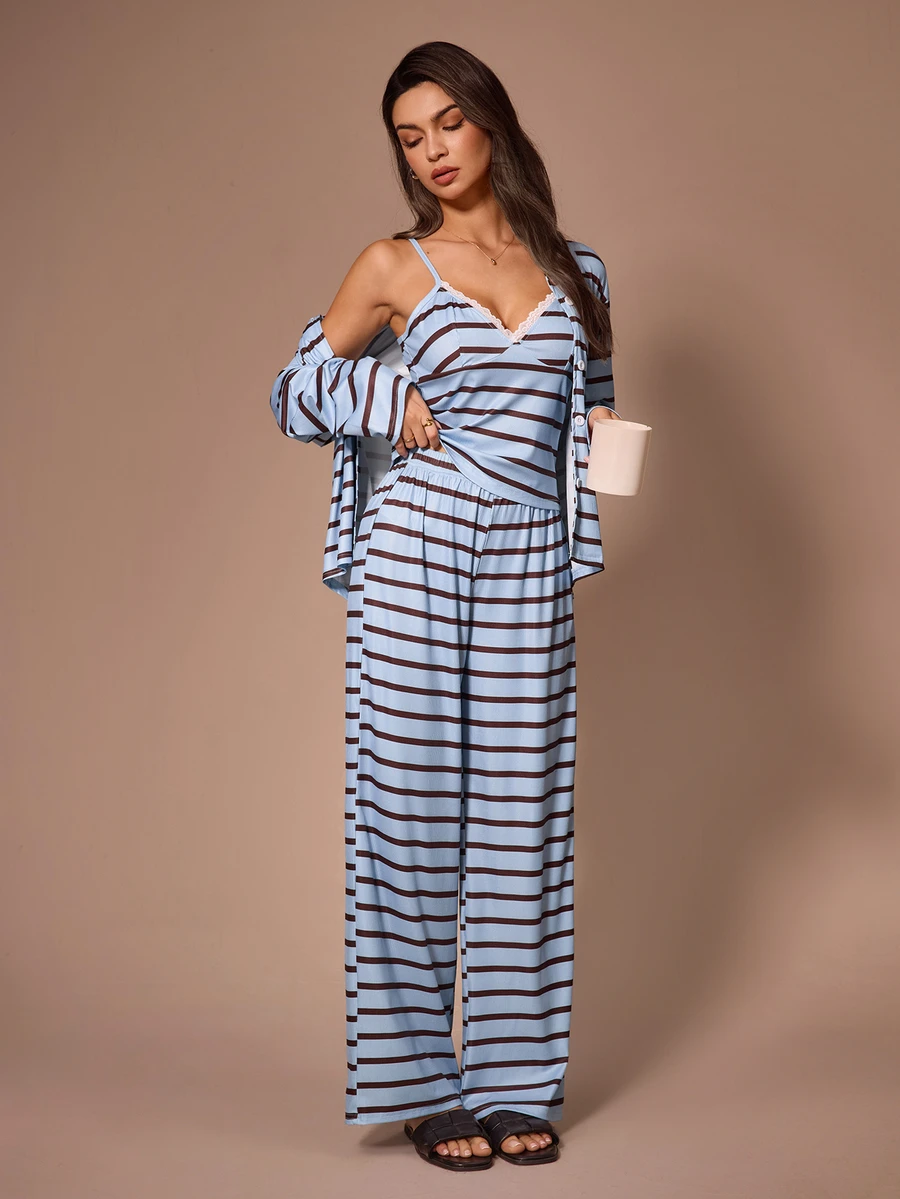 Lazeform Women's 3 Pieces Pajama Set With Lapel Long Sleeve Cardigan Jacket, Blue And Brown Striped Textured Knit - Blue - View 1