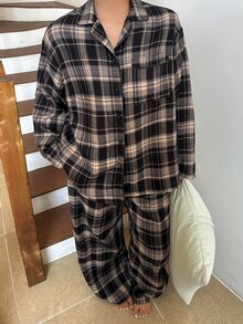 Dazy Plus 大尺碼寬鬆格紋翻領上衣與長褲睡衣套裝，四季皆宜，冬季衣物 - 灰色 - 查看 7