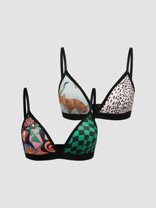 Chillnights Young Colorblock Sun Grid Geometric Leopard Print Knit 2pcs Women's Lingerie Bra - Multicolor - View 1
