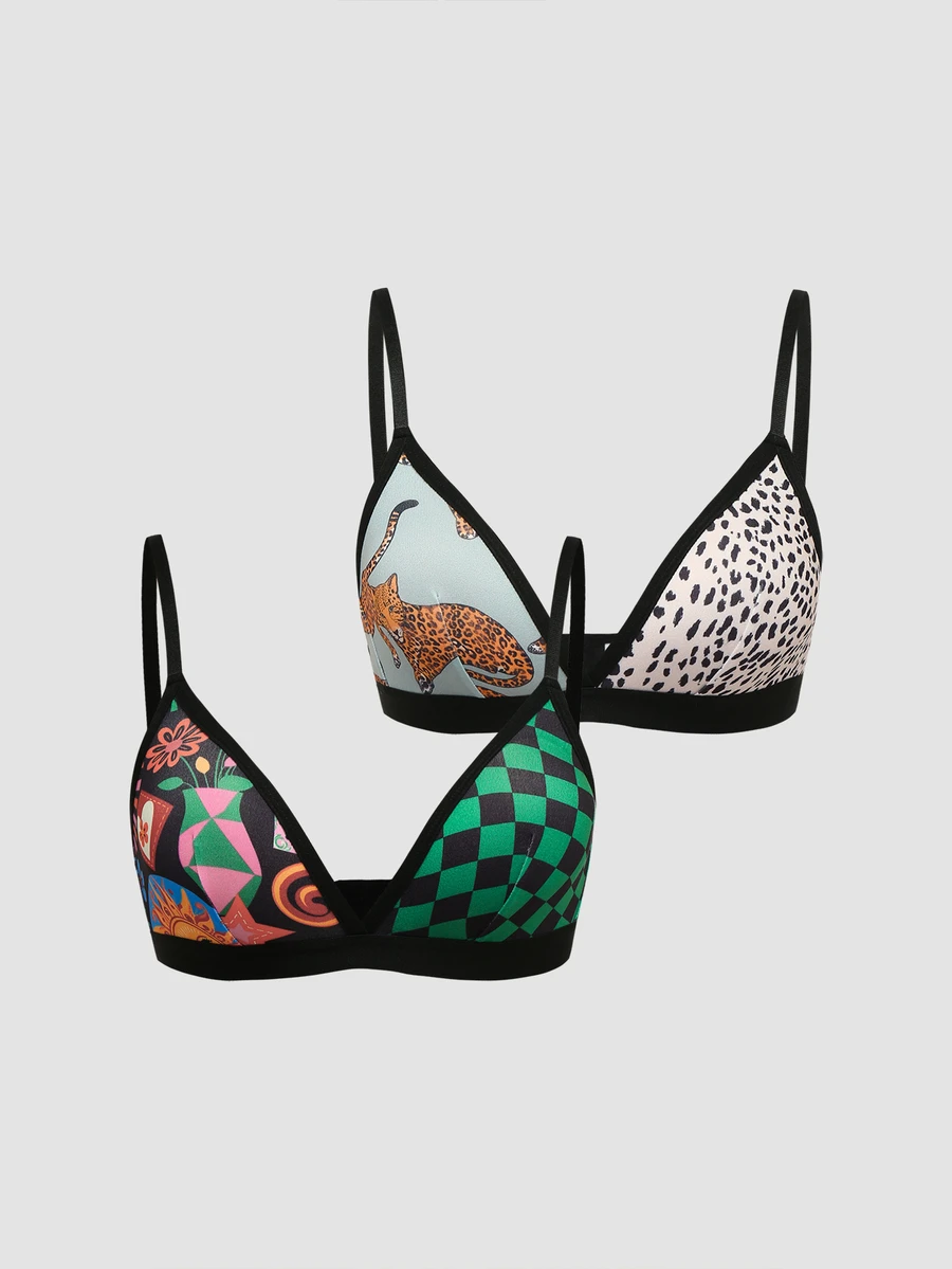 Chillnights Young Colorblock Sun Grid Geometric Leopard Print Knit 2pcs Women's Lingerie Bra - Multicolor - View 1