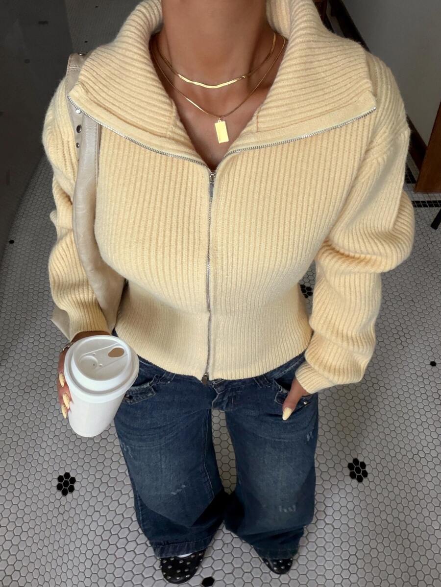 Muchica Áo cardigan len dệt kim tay dài kéo khóa màu trơn cho nữ size lớn - Màu vàng - Xem 1