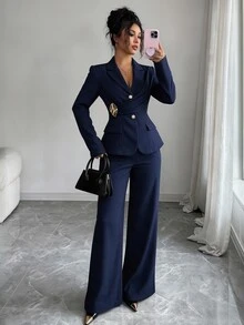 Elenzga Spring New Navy Blue Elegant Commuter Elegant Waist-Cinching Flared Pants With Decorative Buckle Design Pleated Women's 2 Pieces Set - Navy Blue - View 5