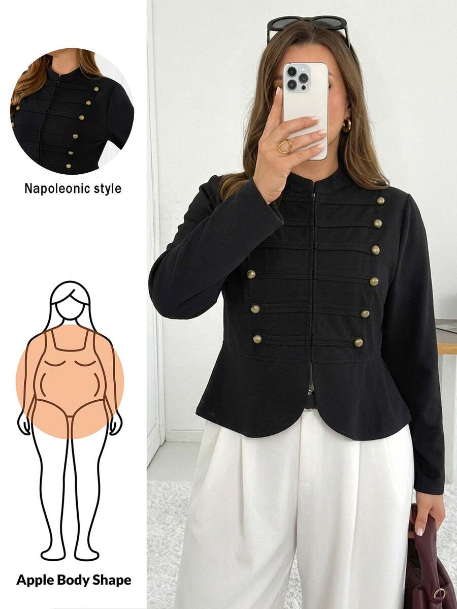 Shapeblank جاكيت نسائي مقاس كبير باللون الأسود بأسلوب نابليون – أنيق وكاجوال وقابل للتمدد ومريح لفصل الخريف/الشتاء، ملابس الخريف، معاطف الخروج - الأسود - مشاهدة 1