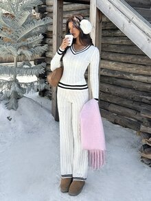 Flirla Women's Autumn/Winter Lazy Fashion Minimalist Casual Daily College Style Home Sweater 2 Pieces Set - Black and White - View 7