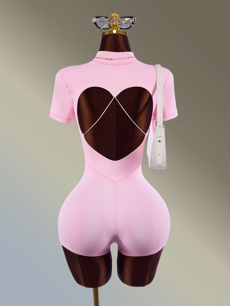 Amplova Minimalist Zipper Half-Placket Short Sleeve Sports Romper - Pink - View 1