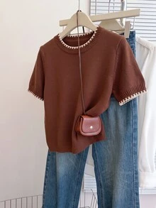SHEIN Franclia 法式復古寬鬆圓領短袖針織對比飾邊米色女款春秋毛衣上衣，適合夏季、新年、感恩節 - 鏽棕色 - 查看 3