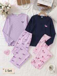 Tween Girl Blue Ribbed Cute Puppy Print Long Sleeve Top, Puppy Pink Ribbed Pants Loungewear Set, Round Neck Ribbed, 2 Pieces Set, Soft Autumn/Winter Set - Navy Blue - View 7