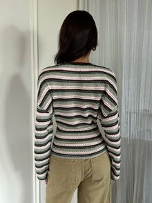 Aloruh 女款條紋圓領落肩長袖休閒T恤 - 彩色 - 查看 2